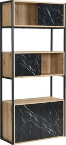Biblioteczka z 4 drzwiczek i 2 wnękami z MDF i stali - Efekt czarnego marmuru i naturalny - YELANIA