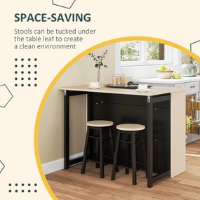 HOMCOM 3-cz. Zestaw Barowy, Bartisch ze Składanym Blatem, 2 Stołki Barowe, 6 Schowków, Czarny+Dąb, 116 x 70 x 89,5 cm