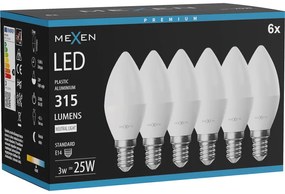 Mexen Nova 6x żarówka LED E14, C37, 3W, Neutralna - 4000K, 315 lm - L102-E14-0340-01x06