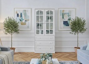 Regał na książki biały, przeszklony, 2 drzwi, 3 szuflady, Alexandra. Witryna 2 drzwiowa do salonu. Meble w stylu angielskim Victoria.