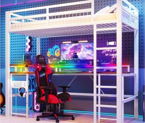 Łóżko na antresoli 90x200 cm - Oświetlenie LED - Wbudowane biurko - 1 port USB + 1 port Type-C + 2 gniazdka elektryczne - Biały (materac nie jest wliczony w cenę)