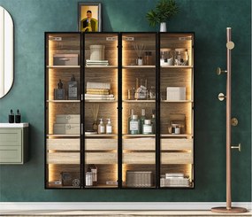 Witryny, meble łazienkowe z LED - 2 duże szuflady i 2 szklane drzwi - Naturalne