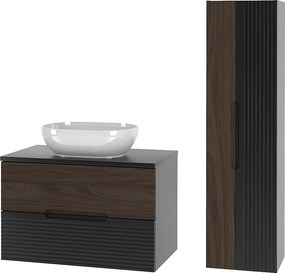 Zestaw Łazienkowy 80cm Szafka z Blatem Umywalka Słupek Czarny Mat / Orzech Avella