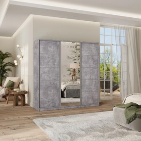 Szafa Przesuwna PINA 180 cm z Lustrem Szafa Trzydrzwiowa z Szufladami Beton Jasny / Srebrne Profile