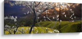 Obraz - Kwitnące drzewo w krajobrazie (z zegarem) (90x30 cm)