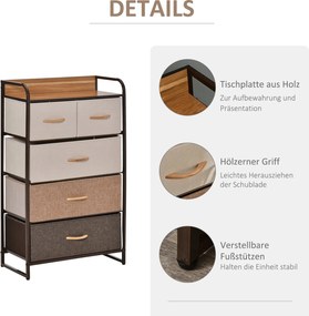 HOMCOM Komoda z 5 składanymi szufladami z tkaniny, półka, stabilna stalowa rama, 58 x 29 x 99 cm