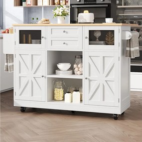 Wyspa centralna na kółkach - 140 x 40 x 93,5 cm - z blatem roboczym + 2 drzwi + 2 szuflady - MDF - biała