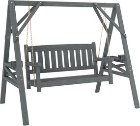 Outsunny 2-osobowa huśtawka ogrodowa z drewna, ławka bujana z półkami, uchwytami na napoje i łańcuchami, szara | Aosom PL