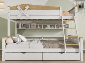 Łóżko piętrowe 90x200cm i 140x200cm - z drabinką, półkami i 2 szufladami - z drewna sosnowego i MDF - Białe