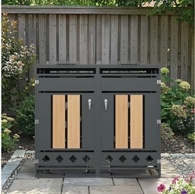 Schowek na 2 ogrodowe kosze na śmieci - 132 x 80 x 118,5 cm - z pokrywą na zawiasach + z zamkiem + 2 drzwiami - metal - szary + naturalny