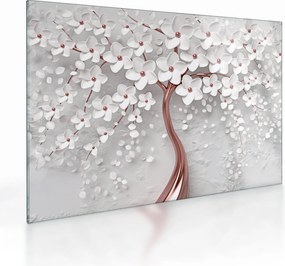 Obraz na szkle - Obraz na szkle białego drzewa z kwiatami, rosegold (70x50 cm)