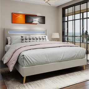 Łóżko dla dorosłych 140x200 cm z oświetleniem LED i tapicerowanym zagłówkiem - beżowy aksamit (bez materaca)