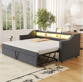 Łóżko dziecięce wysuwane 90/180 x 190 cm - Tkanina lniana - Diody LED i port USB - ciemnoszary