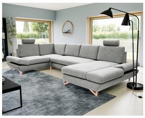 Rozkładana narożna sofa tapicerowana w układzie U z pojemnikiem na pościel AVESTA, szara