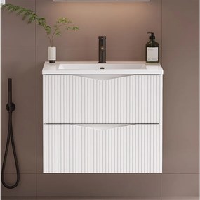 Biały Zestaw do Łazienki 60cm Szafka z Umywalką Ryflowane Fronty Cleo