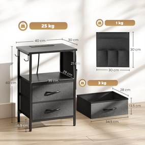 HOMCOM Stolik kawowy/Stolik boczny ze stacją ładującą, stalowa rama, porty USB-C, szuflady, haczyki, 40cm x 30cm x 60cm Czarny | Aosom PL