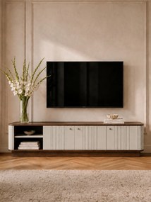 Szafka RTV Vesper 4D 187 cm na cokole - kaszmir / orzech / czarne uchwyty
