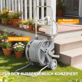 Outsunny Wózek na wąż 45 m z bębnem, 2 tryby spryskiwania, adapter, korba, 2 koła, 45 x 44 x 78 cm, szary | Aosom PL