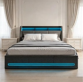 Tapicerowane łóżko z pojemnikiem 140x190 cm z podświetlaną głowicą LED i podnoszeniem hydraulicznym - Len - Szary