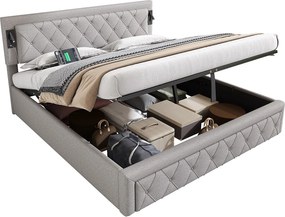 Łóżko z pojemnikiem 180x200cm z tkaniny lnianej - z lampką do czytania i gniazdem USB - z stelażem na listwy - Szare