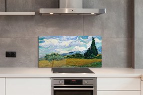 Szklany Panel Pole Pszenicy z Cyprysami - Van Gogh