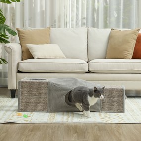 Tunel PawHut dla Kotów, 2 Kocie Jaskinie, Miejsca do Drapania i Zabawka w kształcie Kuli, 98 cm x 30 cm x 30 cm, Brązowy + Szary