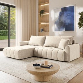 Masseno Narożnik FRIGA z funkcją spania i pojemnikiem na pościel Narozniki L, Rozkładana sofa - Kremowy, ARAGON 02