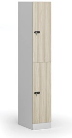 Szafka skrytkowa, 2 schowki, 1850 x 300 x 500 mm, demontaż, zamek mechaniczny z kodem, drzwi laminowane, dąb naturalny
