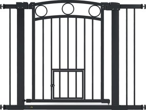 PawHut Bramka dla zwierząt regulowana 76-104 cm z drzwiczkami dla kota do schodów i drzwi czarna | Aosom PL