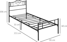 HOMCOM Rama łóżka pojedynczego ze stali z zintegrowanymi listwami, zagłówkiem i podnóżkiem, 90x200cm | Aosom PL
