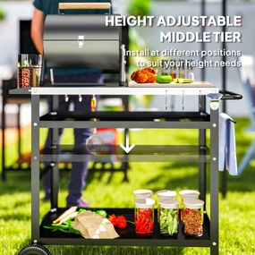 Outsunny Wózek Grillowy 3-Poziomowy z Blatem Roboczym Uchwyty Pokrywa Koła, BBQ Stół Grillowy ze Stali Nierdzewnej 100x52x80cm Czarny