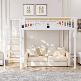 Łóżko antresolowe 90x200 cm, białe, łóżko młodzieżowe ze schodami i barierką, metalowa rama