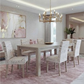 Krzesło do jadalni Littau Schrift (zestaw 6 sztuk),  materiał z napisem, kremowe, nogi z drewna dębowego