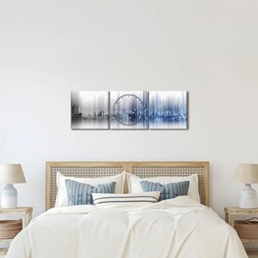 Obraz - Panorama miasta, niebiesko - szara (z zegarem) (90x30 cm)
