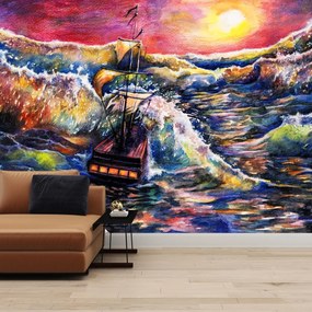 Fototapeta - Statek na falach oceanu, akwarela (196x136 cm)