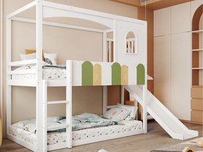 Łóżko piętrowe dziecięce 90x200 cm - z barierkami bezpieczeństwa - ze zjeżdżalnią + bezpieczną drabiną - biały (materac nie jest wliczony w cenę)