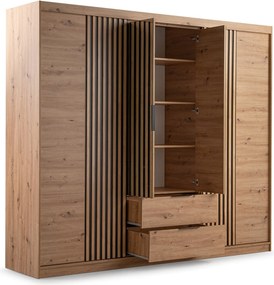Szafa Przesuwna AKALI 250 cm z Lustrem Szafa Czterodrzwiowa z Szufladami Dąb artisan