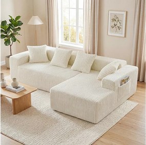Modułowa Narożna Sofa Prawa 3-osobowa, w Welurze Żebrowanym beżowym, z 4 Poduszkami, leżanką i boczną kieszenią, 261x156x80cm