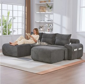 Sofa modułowa 3-osobowa - 268 x 174 x 80 cm - z 2 pufami + uchwytami na kubki + kieszenią do przechowywania - aksamit - ciemnoszary