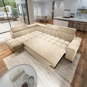 Masseno Narożnik MORIVA z funkcją spania i pojemnikiem na pościel Narozniki L, Rozkładana sofa - Kremowy, MONOLITH 04