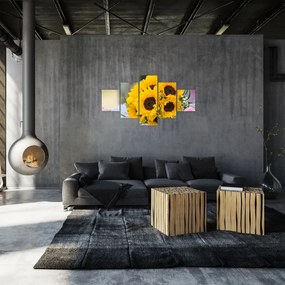 Obraz bukietu ślubnego ze słoneczników (125x70 cm)
