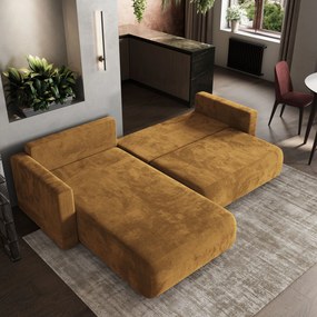 Masseno Narożnik TURIN z funkcją spania i pojemnikiem na pościel Narozniki L, Rozkładana sofa - Żółty, MONOLITH 48