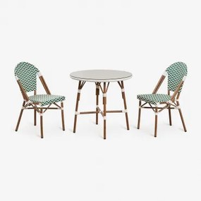 Zestaw Okrągłych Stołów Brielle Bistro (średnica 80 Cm) I Dwa Składane Aluminiowe Krzesła Ogrodowe Green - Gardenia Biel - Sklum