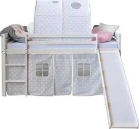 Łóżko dziecięce 90x200 cm białe zjeżdżalnia tunel lite drewno sosnowe zasłona