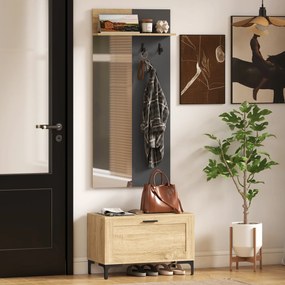 HOMCOM Zestaw garderoby do przedpokoju, ławka na buty, lustro, 3 haczyki, otwarta półka, meble do przedpokoju, drewno naturalne+szary