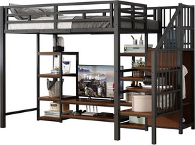 Łóżko na antresoli 90x200 cm - z gniazdkiem elektrycznym - drabina bezpieczeństwa - z miejscem do przechowywania - Czarny (materac nie jest dołączony)