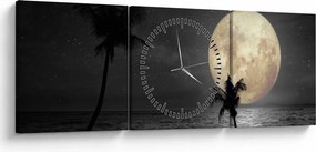 Obraz - Plaża pod pełnią księżyca w odcieniach szarości (z zegarem) (90x30 cm)