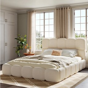 Łóżko tapicerowane dwuosobowe - 160 x 200 cm - z podstawą z listew + zagłówek - pętelkowe - białe
