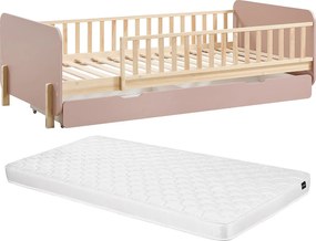 Łóżko 90 x 190 cm z szufladą - Sosna i MDF - Kolor: Naturalny i różowy + Materac - LADEMI