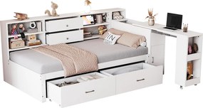 Sofa dziecięca rozkładana - 90 x 200 cm - z półkami do przechowywania + 2 szuflady + wysuwane biurko - drewno - biała